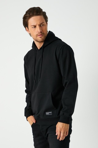 Mmetalic Erkek Siyah Basic Kapüşonlu Regular Fit Normal Kesim 2 İplik Kumaş Günlük Sweatshirt Siyah