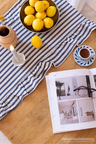 Mavi Çizgili 40x125 Cm Vintage Fırfırlı %100 Keten Pamuklu Amerikan Runner Bej