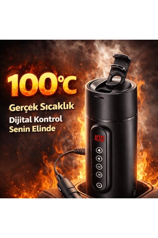Coofbe Paslanmaz Çelik 470ml Araç Su Isıtıcı Taşınabilir Termos Dijital Ekranlı Araç Su Isıtıcı Kattle siyah
