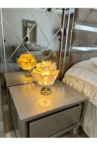 Dekor Yapay Eva Çiçeği Kablosuz Masa Lambası Üst Gold-alt Parlak Gold 9v Pil 75-90 Saat