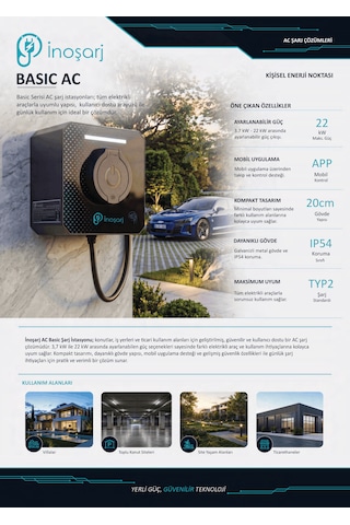 İnoşarj Basic Ac 22 Kw Wi Fi Type 2 Soketli Elektrikli Araç Şarj İstasyonu