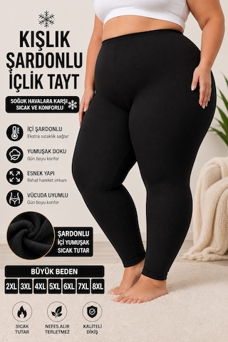 Medament Büyük Beden Kadın Şardonlu Tayt Kışlık Sıcak Tutan Yüksek Bel Esnek Tayt 2xl 3xl 4xl 5xl 6xl 7xl 8xl Siyah