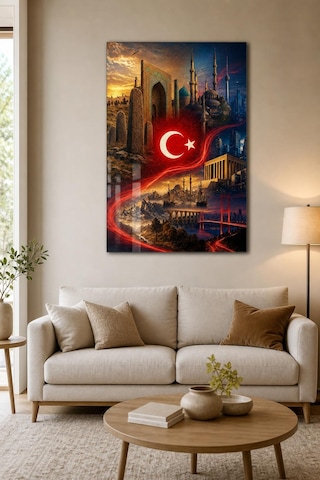 Türkiye Temalı Baskılı Cam Tablo Türk Bayrağı Ve Tarihi Mimari Duvar Dekoru