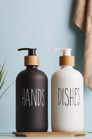 2 Li Siyah Beyaz Mutfak Sıvı Sabunluk Seti 500ml+500ml Bambu Standlı