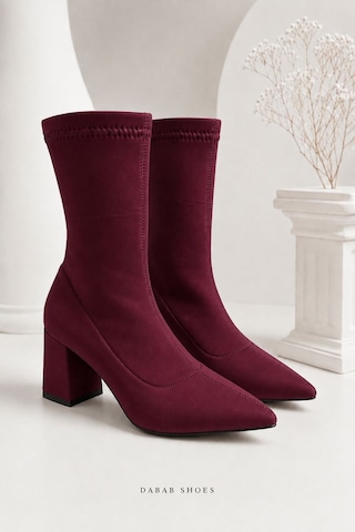Dabab Shoes Rachel Kadın Bordo Sivri Burun Dalgıç Streç 7 Cm Kalın Topuklu Çorap Bot Bootie
