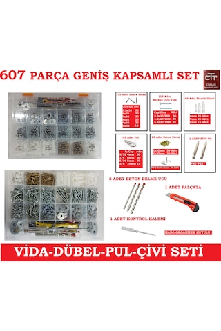 Vida -Dübel-Pul-Çivi -Hırdavat Seti 607 Parça Kullanışlı Set