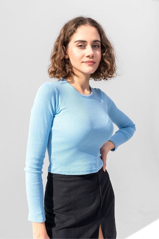 Gri Uzun Kollu Fitilli Bluz Crop Örme T-shirt Bebe Mavisi