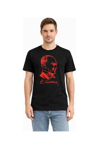 Barlashive Erkek Atatürk Baskılı Tişört Kısa Kollu Bisiklet Yaka T-shirt - Siyah Çok Renkli