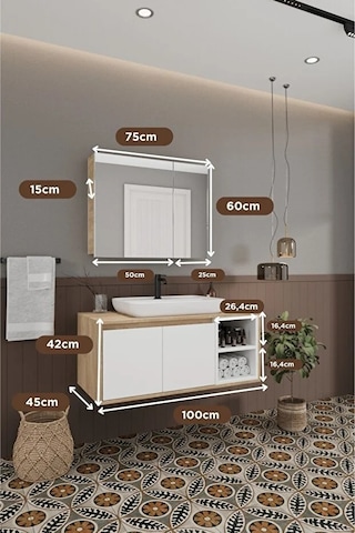 Lale Beyaz 100 Cm %100 Mdf Lavabolu Banyo Dolabı + Aynalı Dolap Beyaz Meşe