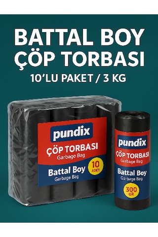 Pundix Pundıx Battal Boy Çöp Torbası 75x90 Cm 10 Lu Rulo Opp Ambalajlı Toplam 3 Kg Dayanıklı, Sızdırmaz Ve Geniş Hacimli Çöp Poşeti