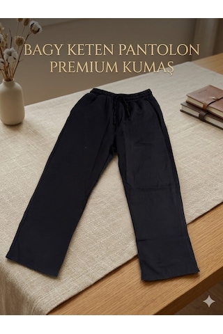 Mugees Premium Keten Bol Kesim Pantolon Siyahh