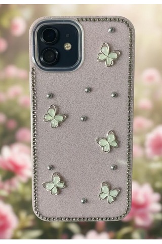 Apple Uyumlu iPhone 11 Kelebek Figürlü Simli İnci Taşlı Lüx Silikon Kılıf Pembe