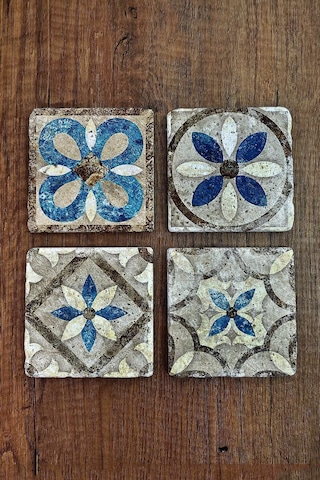 Doğal Taş Bardak Altlığı Hint Desenler Baskılı 4'lü Set Çok Renkli