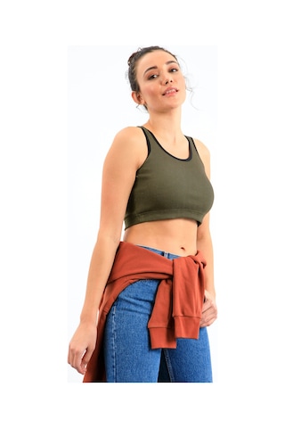 Tommy Life Haki Basic Sıfır Kol Dar Kalıp U Yaka Kadın Crop Top Atlet - 97160 Haki