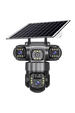9mp Üçlü Lensli, Güneş Enerjili Ptz Güvenlik Kamerası. Sım Kart İle Her Yerden 7/24 Net İzleme Ve Gece Görüşü.
