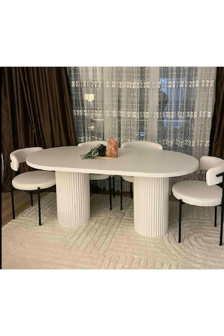 Ada 180x90x75cm 36mm Kalın Kenarlı Oval Beyaz Sütunlu Yemek Masası Sandalye Yok Sadece Masadır Beyaz-beyaz