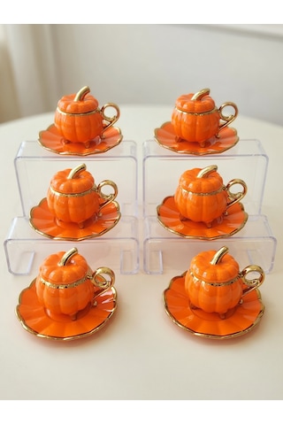 6 Lı Pumpkin Balkabağı Desenli Fincan Takımı - Kapaklı Ve Ayaklı Model Turuncu