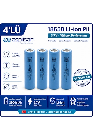 Aspilsan 18650 2600mah 3.7v Li-ion Şarjlı Pil 4'lü Paket Inr18650a28 Lityum İyon Batarya Yerli Üretim Aspilsan 18650 2600mah 3.7v Li-ion Şarjlı Pil 4'lü Paket Inr18650a28 Lityum İyon Batarya Yerli Üretim