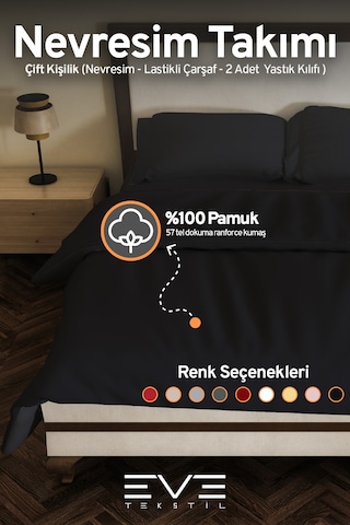 Eve Tekstil %100 Pamuk Ranforce Çarşaflı Yastık Ve Yorgan Kılıflı Çift Kişilik Nevresim Takımı 200x220 Cm Siyah
