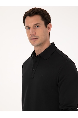 Siyah Regular Fit %100 Pamuk 3 İplik Polo Yaka Sweatshirt
