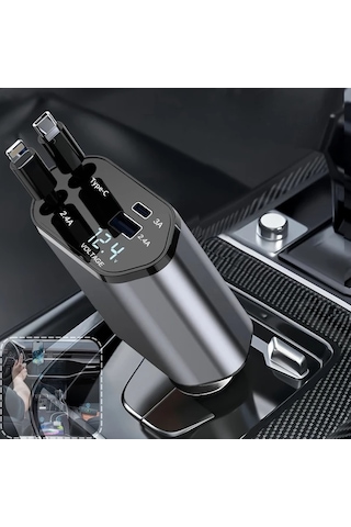 Honeybeeshop Type C Ve Ios İçin Metal Stil 66w Hızlı Araç Şarj Cihazı Teleskopik Kablolu 2 Usb Portlu İphone Samsung Xiaomi Uyumlu