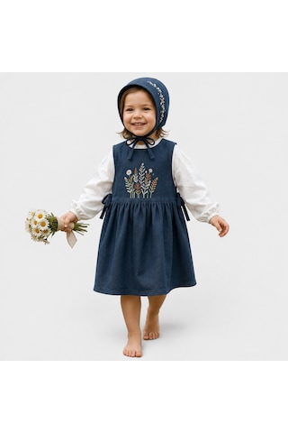 Bebe Nakış İşlemeli Denim Elbise Seti Mavi