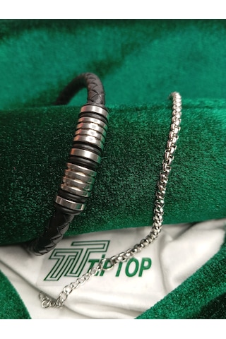 Tiptop/ Mıknatıslı Siyah Deri Bileklik - İç İçe Geçmeli Kutu Zincir Bileklik Unısex Gümüş
