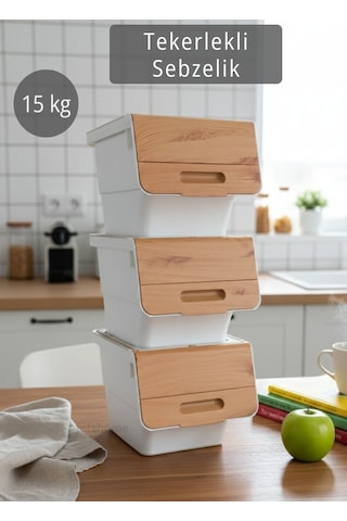 3 Lü Tekerlekli Sebzelik Patates Soğan Sepeti Soğanlık Organizer Kutu Bambu Beyaz Desen 36 Lt Bambu-beyaz