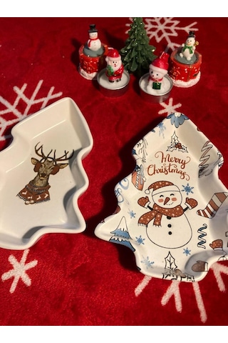 Yılbaşı Temalı 2'li Ağaç Tasarımlı Desenli Seramik Sunum Servis Tabağı 17x12 Cm Geyikli Ve Kardan Adamlı