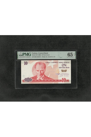 10 Yeni Türk Lirası Pmg 65 Epq Gem Unc Çil 10 Lira P 218 2005 S/n B52 8. Ems 1. Tertip