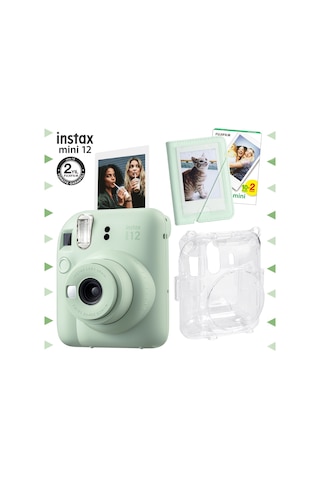 Fujifilm Instax Mini 12 Fotoğraf Makinesi + 20'li Film + Mini Albüm + Şeffaf Kılıf Seti Yeşil