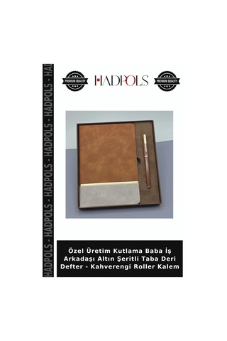 Özel Üretim Kutlama Baba İş Arkadaşı Altın Şeritli Taba Deri Defter - Kahverengi Roller Kalem