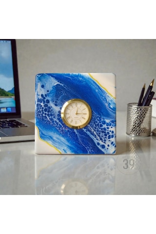 15x15 Cm El Yapımı Geode Masa Saati Altın Quartz Masaüstü Saat 5 Cm Kalınlık Beyaz - Mavi