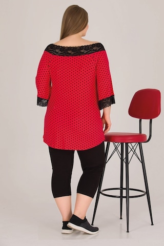 Kırmızı Renk Puantiyeli Battal Büyük Beden Lady-10572 Kapri Pijama Takımı Kırmızı - Siyah