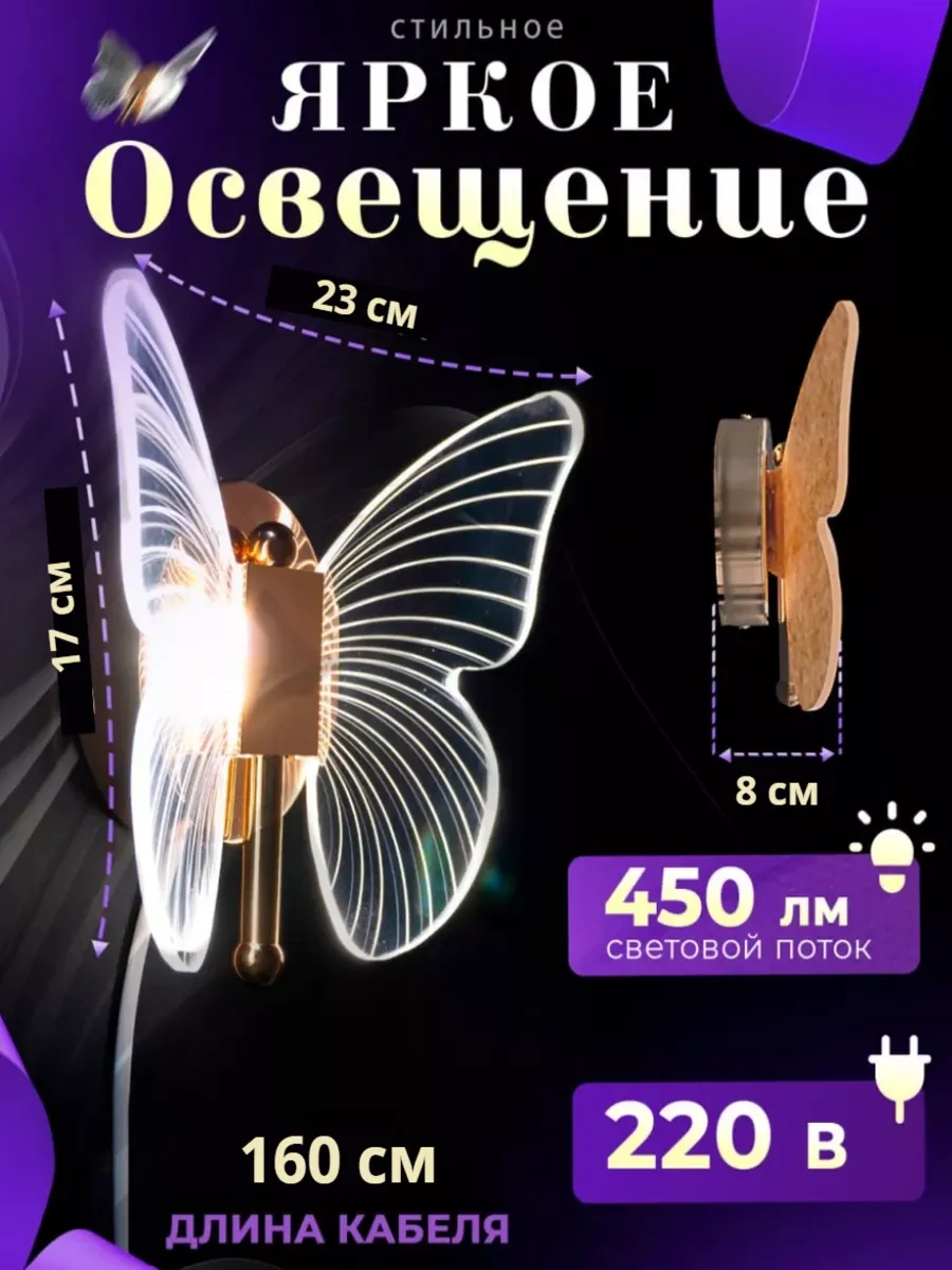 Lubimyj Svet Duvara Monte Led Aydınlatmalı Kelebek Duvar Abidesi, Anahtarlı. 231026152 Beyaz