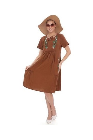 Yarım Kol Yuvarlak Yaka İşlemeli Keten Elbise-9166 Tarçın