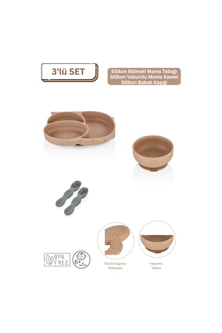 3'lü Silikon Bebek Beslenme Seti / Bölmeli Mama Tabağı / Mama Kasesi / Mama Kaşığı - Moka Mocca