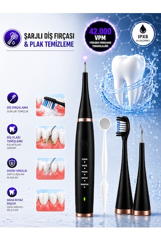Ipx8 Su Geçirmez Şarjlı Akıllı Diş Fırçası 42000 Vpm Ultrasonik 800mah 5 Mod 3 Yedek Başlık Beyaz