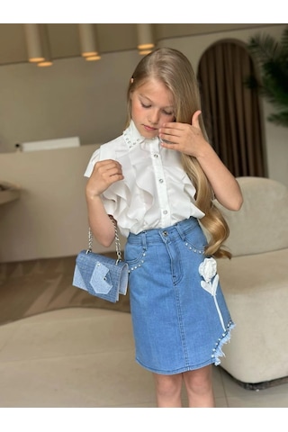 Wear Vexel Kız Çocuk Gömlek Etek Çanta 3 Lü Takım Fırfır Detaylı Jean Etekli Şık Kombin - Beyaz Çok Renkli