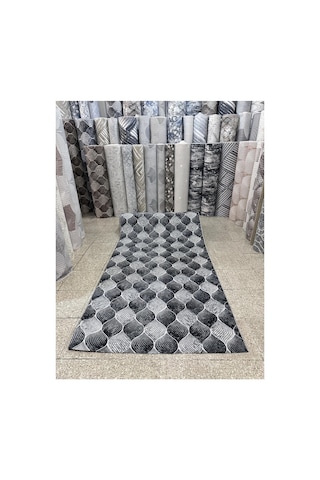 Nesrin Modern Siyah Gri Dalga Desenli Halı Kaymaz Jel Taban Cnaw6