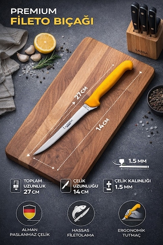 Lazbisa Mft-015 Gold Serisi Mutfak Fileto Bıçağı Steak Bıçak Et Balık Tavuk Fileto Bıçağı 2 Li Set Sarı