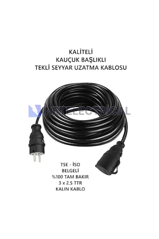 Kauçuk Tekli Seyyar Uzatma Kablosu - 3x2.5 Ttr Kalın Siyah Kablo- 20 Metre 20 Metre