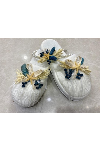 Lohusa Terlik Taç Takımı Petrol Mavi Kuru Çicek  Taç