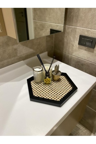 Rattan Hazeran Altıgen Tepsi Siyah %100 Doğal Hazeran