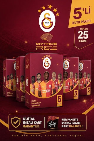 Mythos Rise Galatasaray Futbolcu Kartları 5'li Kutu Paketi 25 Kart Dijital İmzalı Kart Garantili