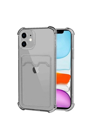 Apple Uyumlu iPhone 11 Kılıf Darbe Emici Köşe Korumalı Kartlıklı Cüzdanlı Silikon Kapak Füme