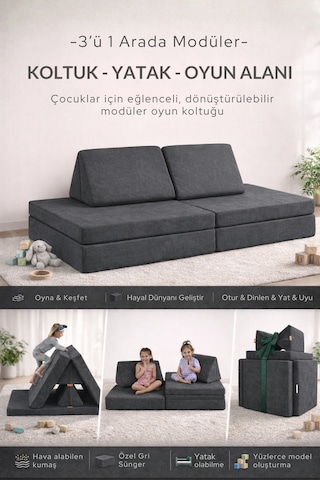 Katlanabilir Çocuk Koltuğu Yatak & Minder Çok Amaçlı Modüler Tasarım Antrasit