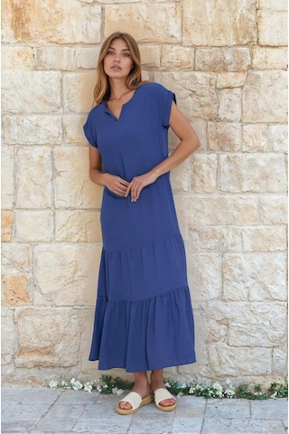 Kadın Uzun Eteği Fırfırlı Kısa Kol Apolet Detaylı Salaş Günlük Rahat Elbise 3761366 İndigo