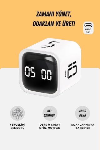 GWORKE Gt-1 Pomodoro Zamanlayıcı Küp Flip Timer Öğrenci Ders Çalışma Saati, Mutfak Kronometresi - Beyaz