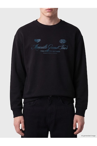 LC Waikiki Lc Waıkıkı Siyah Bisiklet Yaka Marseille Baskılı Erkek Sweatshirt
